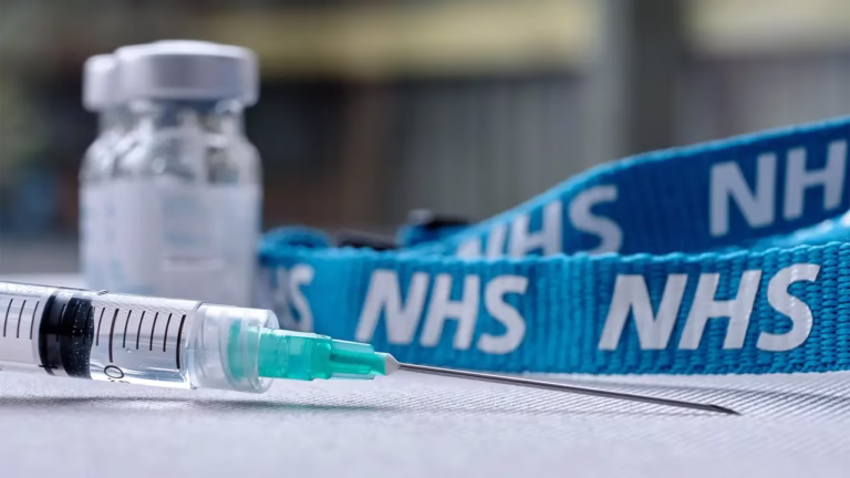 NHS Lanyard, with two vials of Triptorelin a gonadotropin-releasing hormone (GnRH) agonists (Puberty Blocker), with a syringe and needle